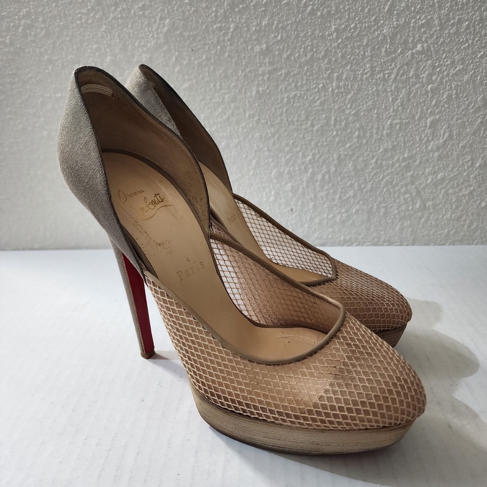 Christian Louboutin Women Shoes Aragna 140 Mesh Platform Pumps Beige EU 40